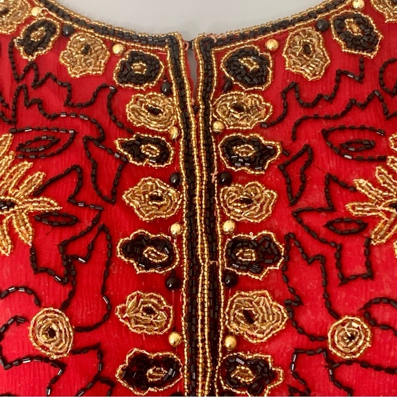 Papell Boutique Evening Vintage 90’s Silk Beaded Jacket Embellished Red Gold 12 - Picture 4 of 16